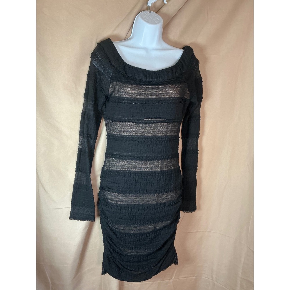 BCBGMAXAZRIA Bodycon Dress Womens Medium Black Excellent Lace Ruffle Striped - Picture 2 of 12